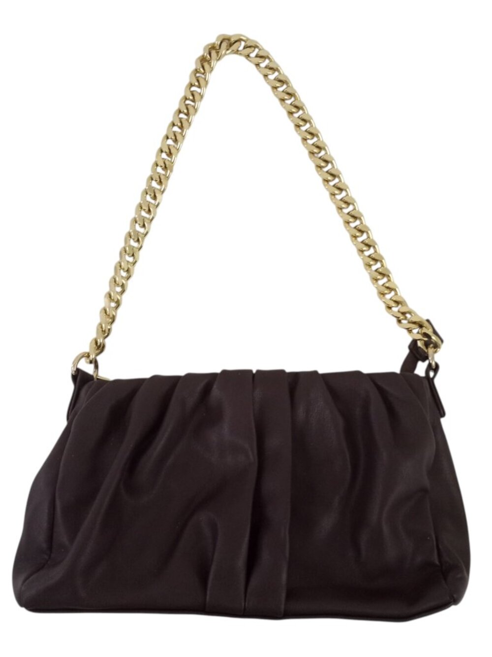 Madison West Brown Vegan Faux Leather Ruched Shoulder Bag Chain Link Strap